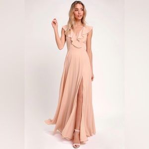 Feel the Rush Blush Pink Ruffled Lace-Up Backless Maxi Dress
